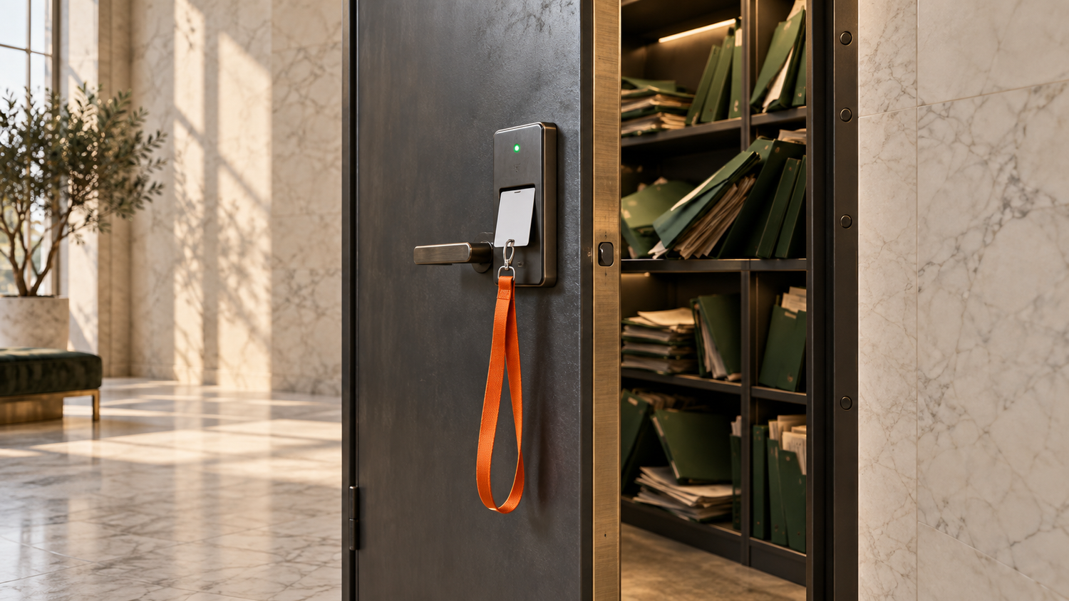 Halfopen stalen archiefkastdeur met een elektronisch kaartslot in het midden: een blanco toegangspas aan een oranje keycord steekt in het slot, het lampje staat op groen, en door de kier liggen donkergroene factuurmappen scheef in de kast