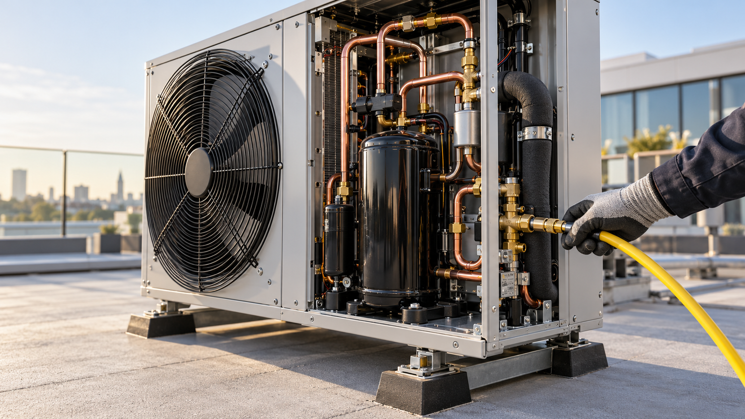 Geopende lucht-waterwarmtepomp op het platte dak van een modern hotel, met zichtbare compressor, koperen koelleidingen en ventilator, terwijl een hand met werkhandschoen een gele meetslang op een messing serviceventiel aansluit in helder ochtendlicht