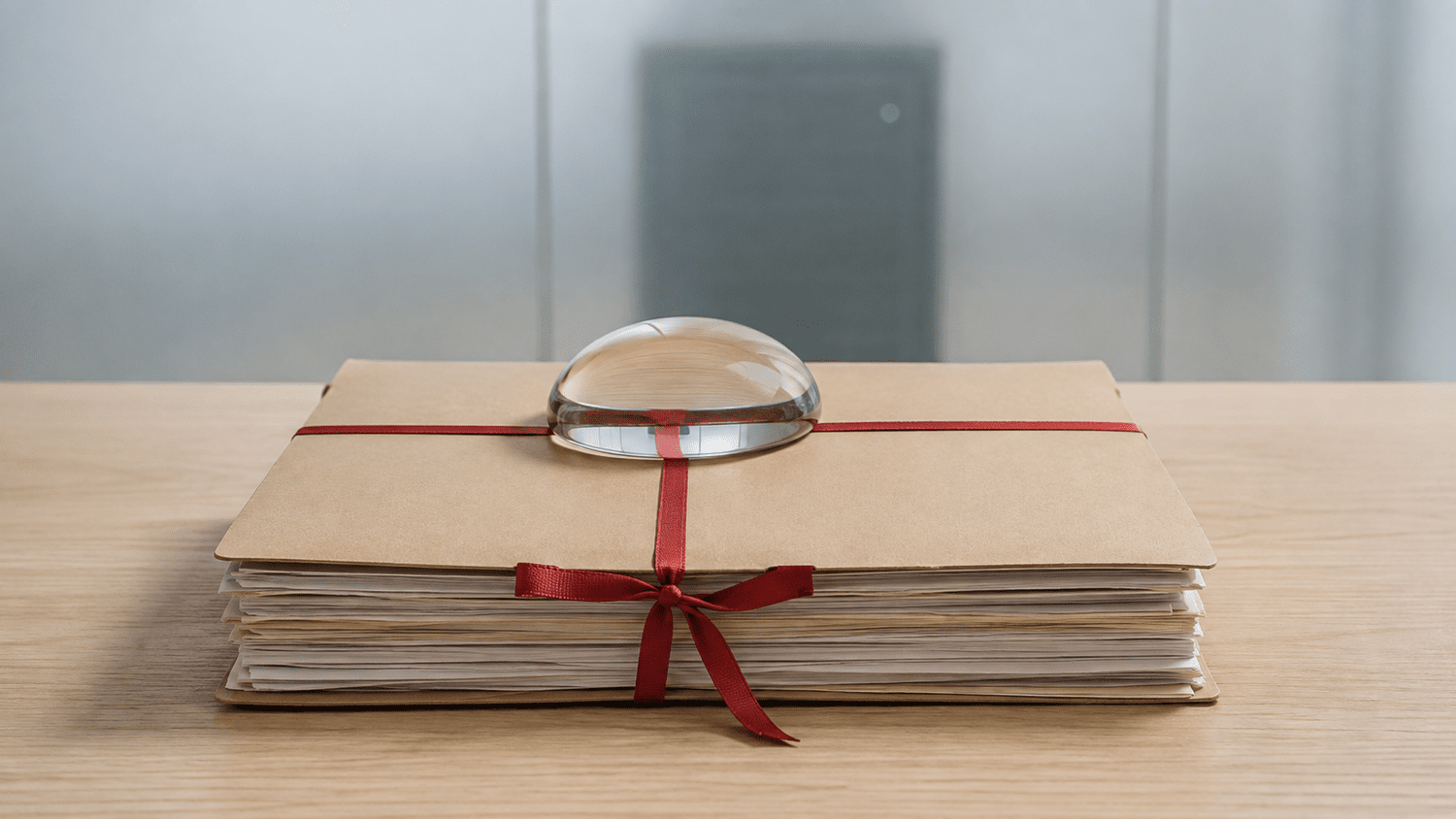 Manilla-map met rood lint onder een glazen presse-papier op een licht bureau, met achter een matglazen wand de vage omtrek van een serverkast: de grens tussen je eigen stukken en het model van de leverancier