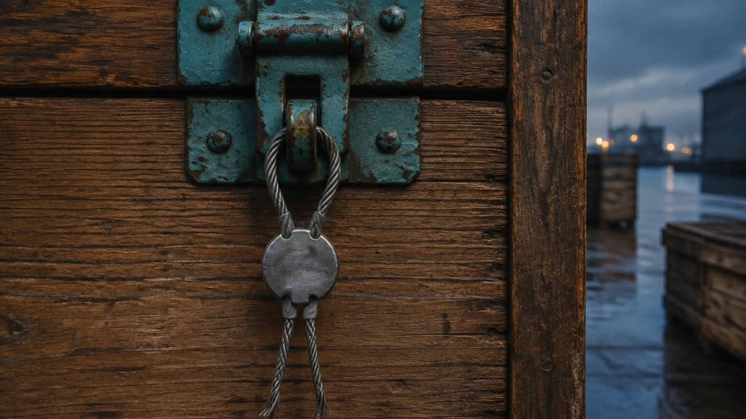 Close-up van een loden douanezegel op de voorwand van een zware houten kist: de twee einden van een gevlochten staaldraad lopen in het loden schijfje, dat is dichtgeknepen onder een turkooisgroen geverfd ijzeren beslag. Rechts op de achtergrond, buiten de laadopening, staan bij koud avondlicht nog twee gesloten kisten op een natte kade. Geen tekst, geen mensen, geen schermen; het tafereel is samengesteld en toont geen bestaand pakhuis, merk of fabrikaat.
