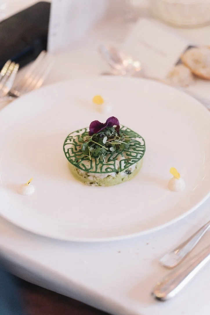 A plated starter with a lace-like green tuile