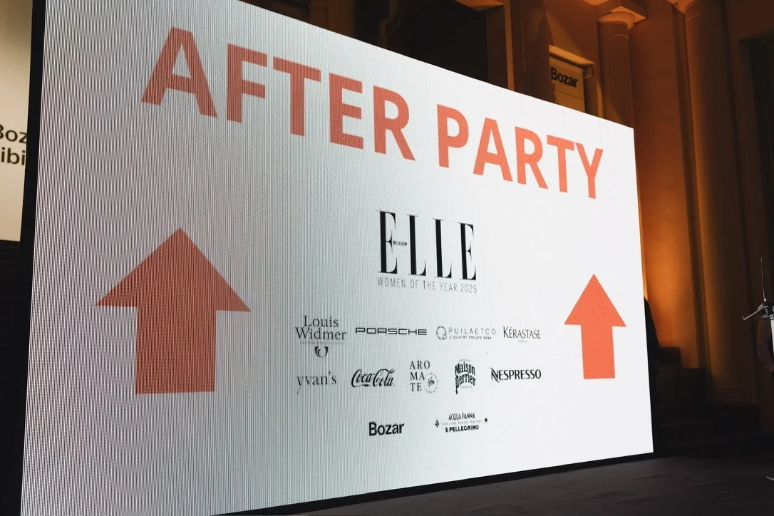 A screen announcing the after party with partner logos
