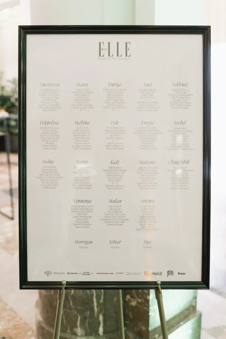 A framed seating chart with tables named after goddesses