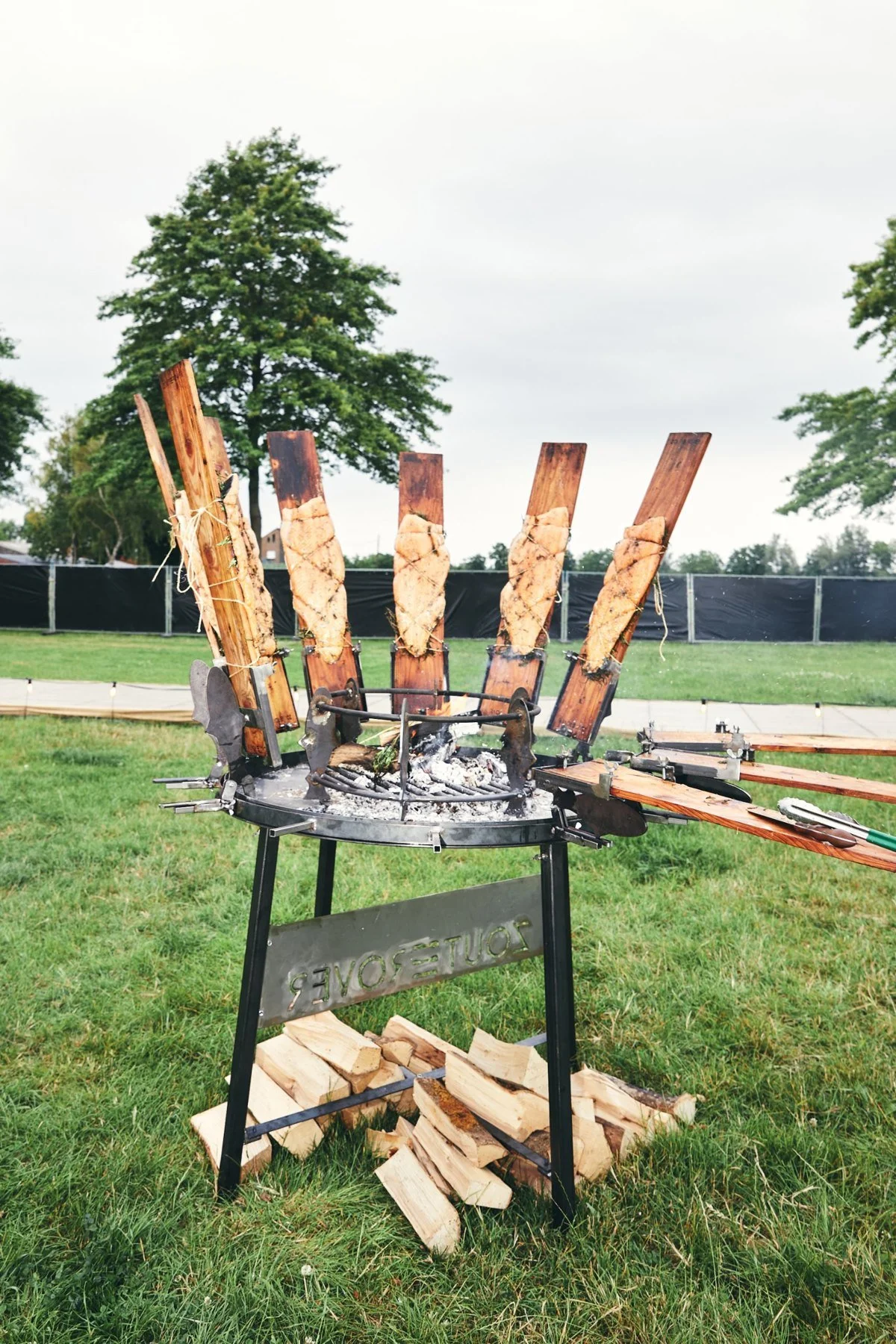 Salmon fillets roasting on planks around an open fire