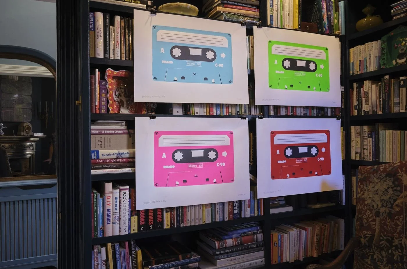 Magnetic Memories screen prints hung on bookshelves