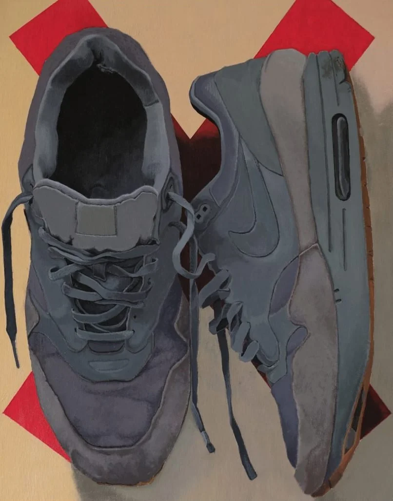 Crossroads, a painting of a pair of grey trainers, 61 by 76 cm, 2020