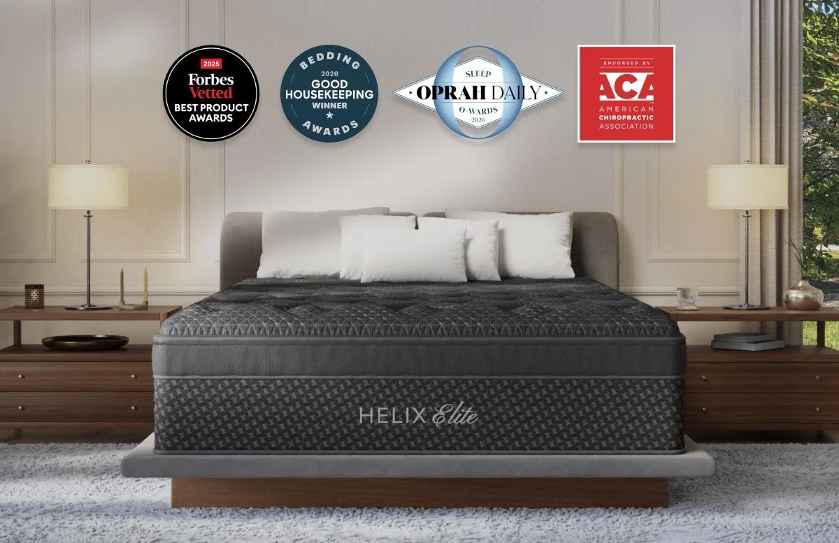 Helix Elite mattress on an upholstered bed in a bedroom