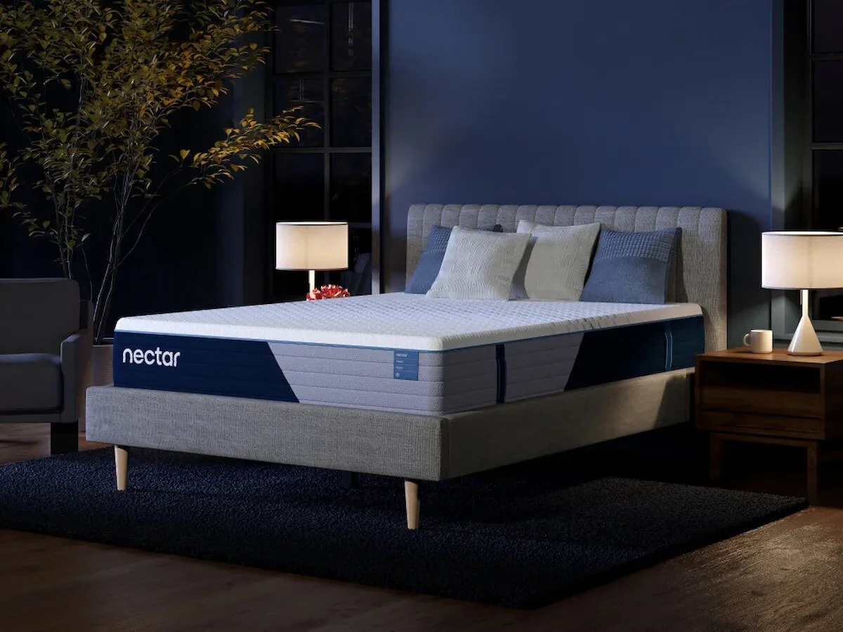 Nectar Classic Hybrid mattress on an upholstered bed