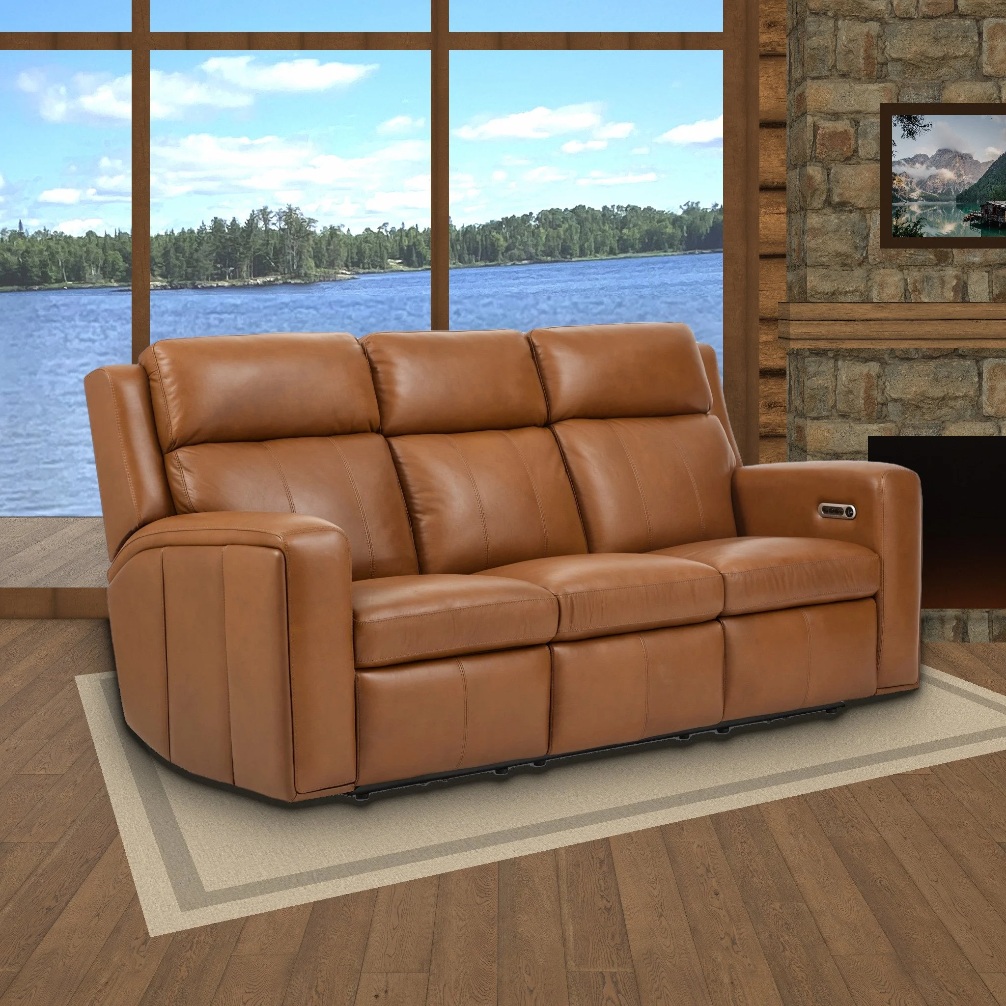 Flexsteel Wyatt leather power reclining sofa in Canyon (orange/saddle leather) in a lakeside room
