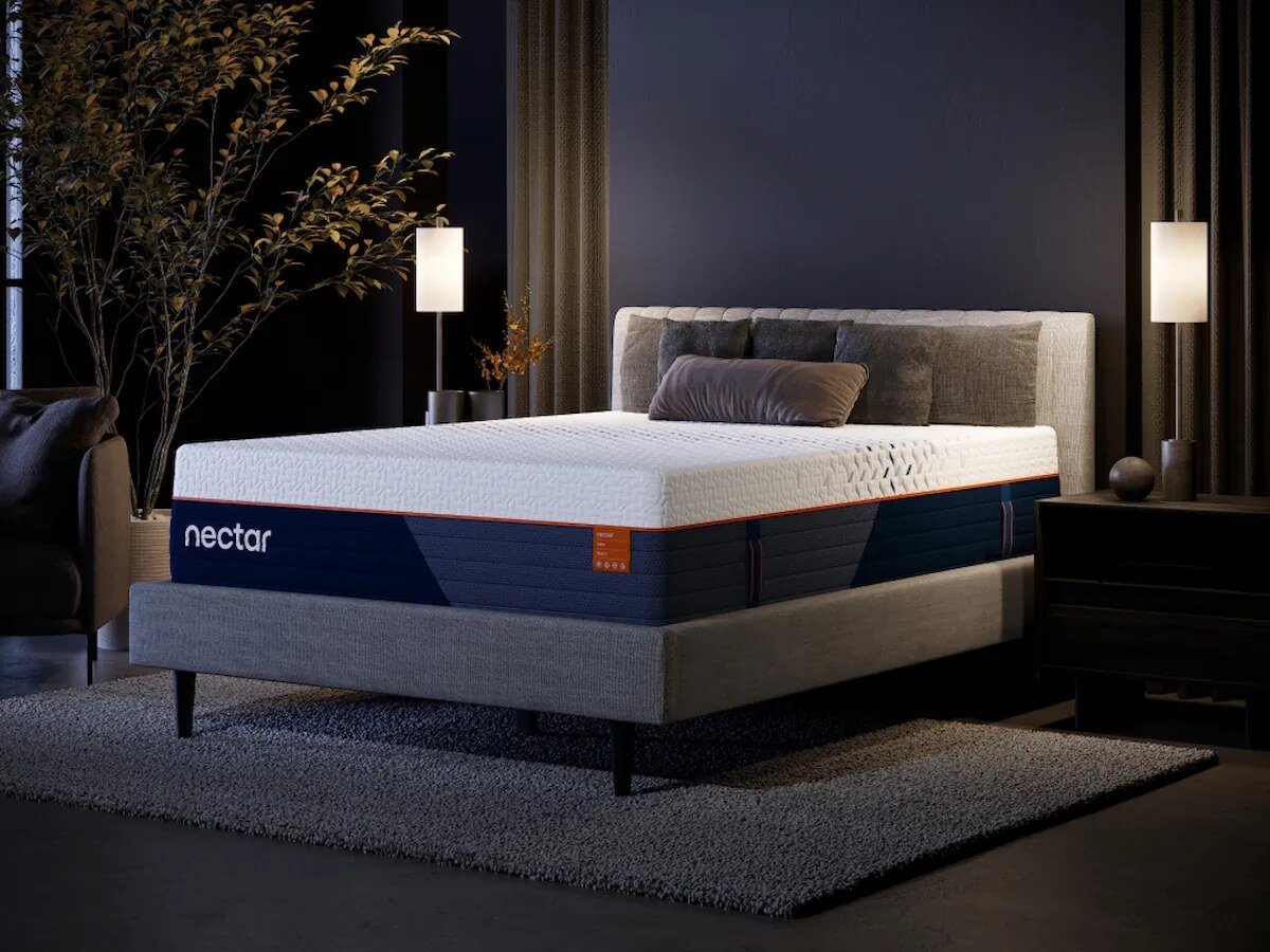 Nectar Ultra Hybrid mattress on an upholstered bed