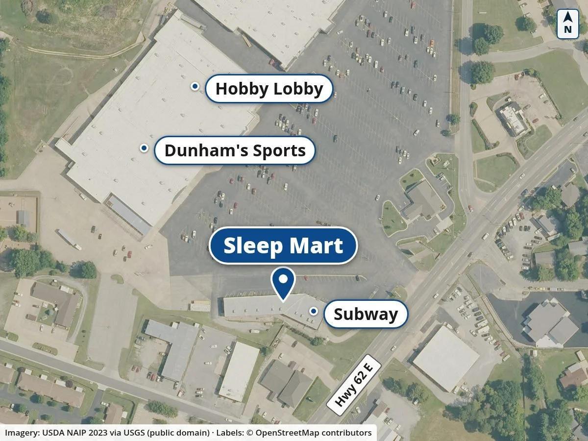 Aerial map: Sleep Mart at 701 Hwy 62E, next to Subway, near Hobby Lobby and Dunham's Sports