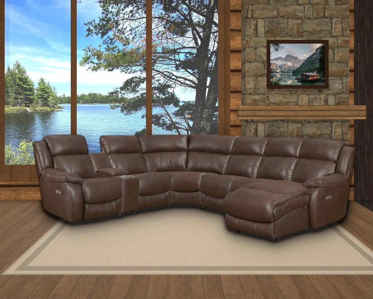 Model 246 modular sectional with chaise in a cabin living room overlooking a lake