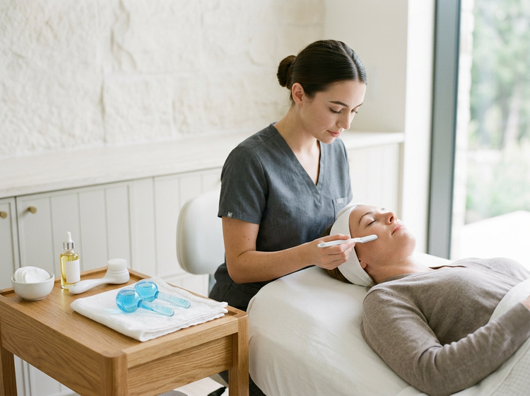 Esthetician treating a reclining client’s face, illustrating dermaplane care at Recoupia in Lynnwood