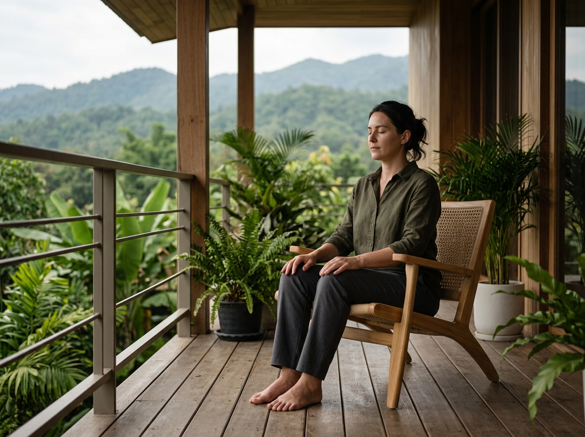 Woman practicing quiet breathing on a wooden veranda overlooking forested mountains