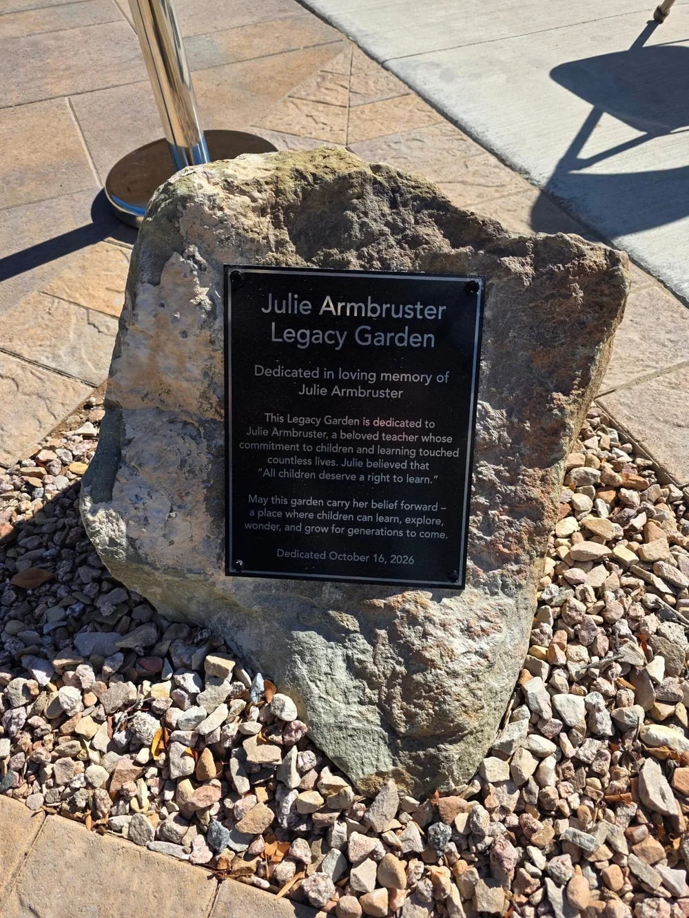 The Julie Armbruster Legacy Garden dedication plaque