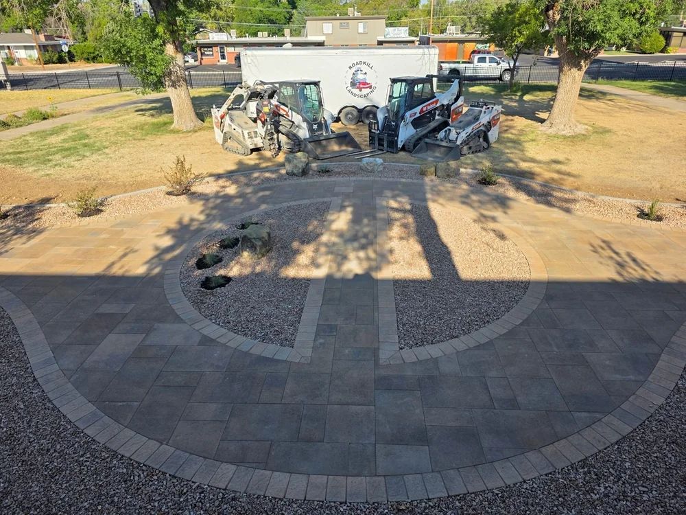 Overhead view of the paver circle with Roadkill's Bobcat equipment behind it