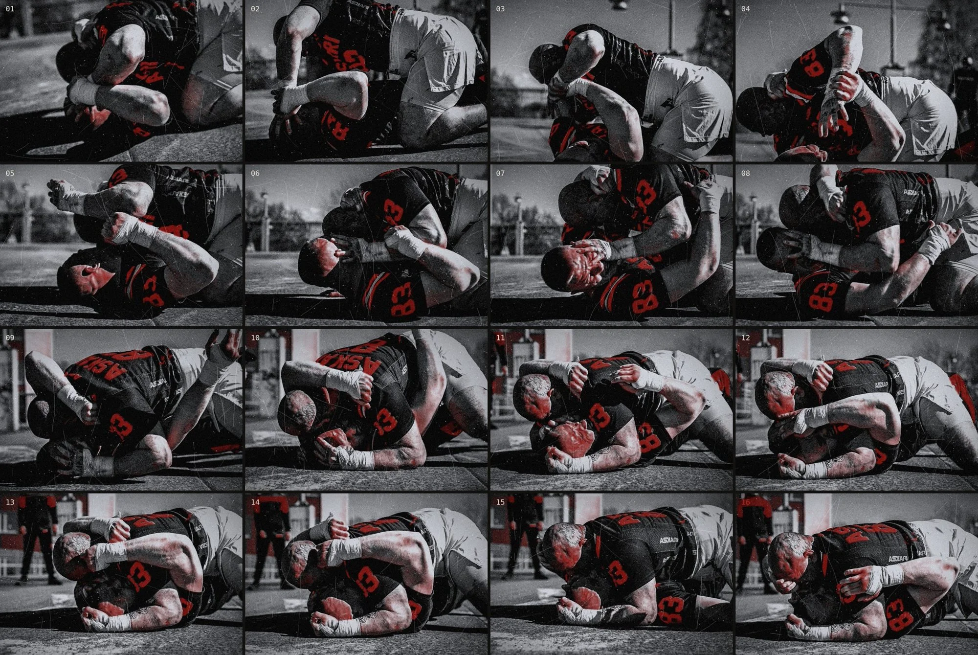 Sixteen sequential frames of Eric Olsen on top of KNF on a concrete lot, ending with Eric's hand at KNF's face