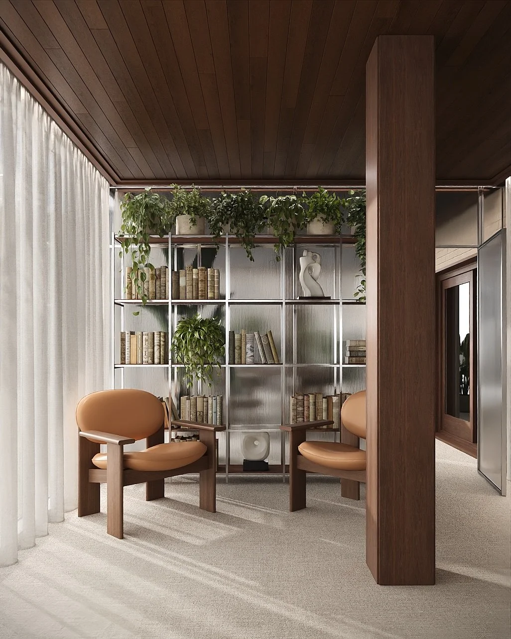 Visualización 3D de Madrid Office: rincón de lectura con dos butacas, estantería abierta y plantas.