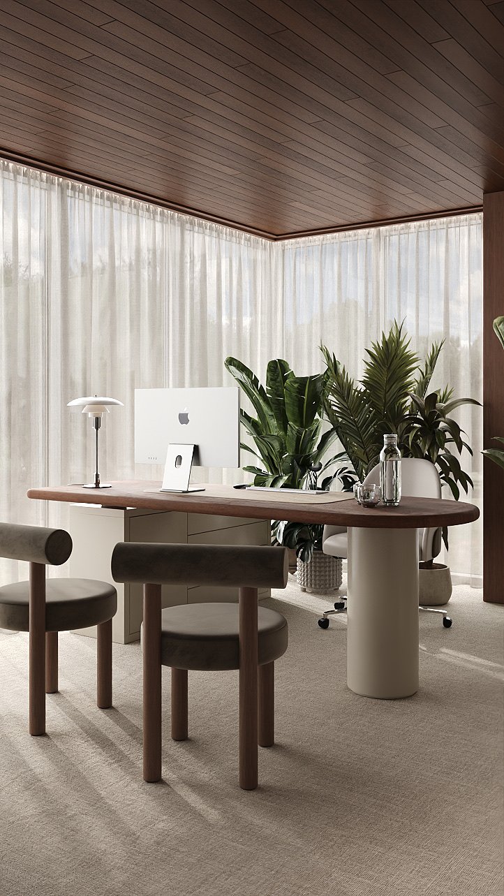 Visualización 3D de Madrid Office: escritorio junto al ventanal con cortinas ligeras, plantas y techo de madera.