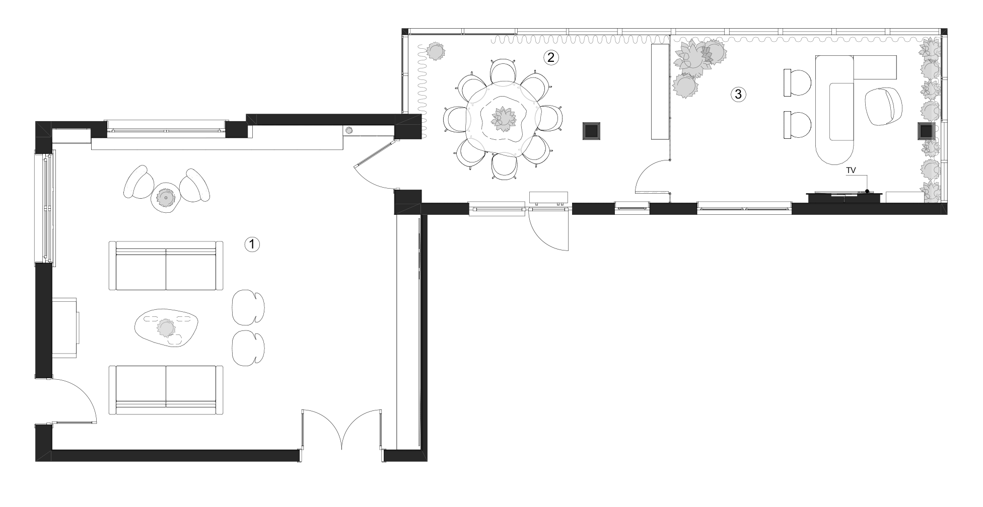 Plano de distribución de Madrid Office con zona de estar, sala de reuniones y espacio de trabajo.