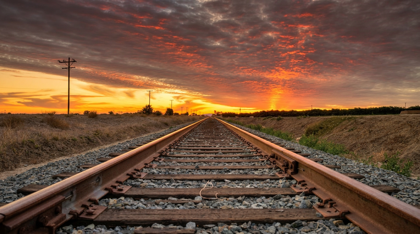 Railway tracks stretching toward a warm prairie sunset