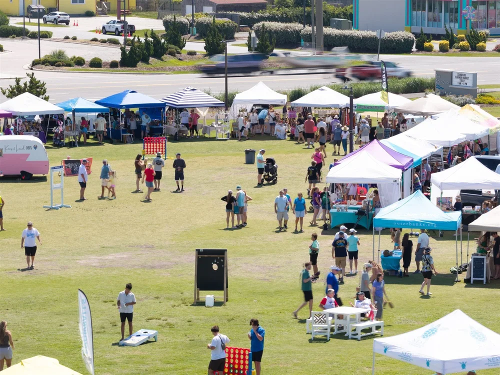 Lawn games and shoppers from above