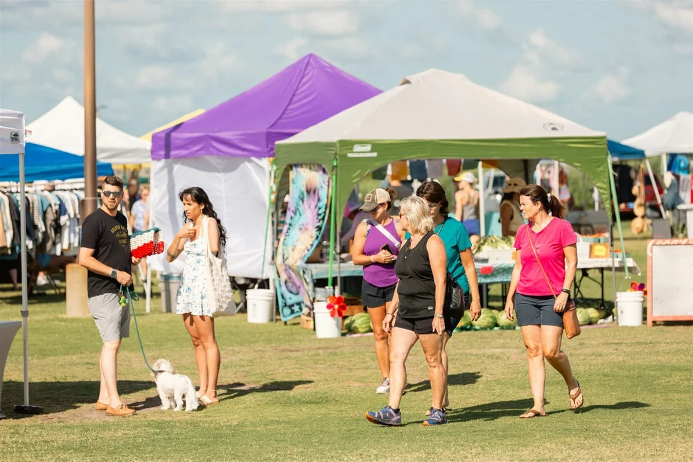 Shoppers and a four-legged friend