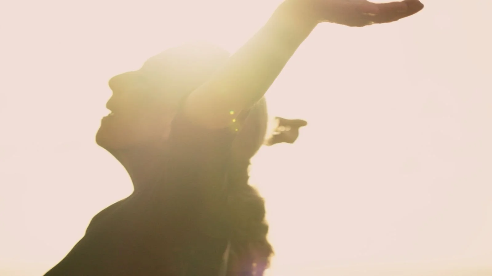 Sigrun Fritsch silhouetted with one arm extended overhead in MISSING FACE