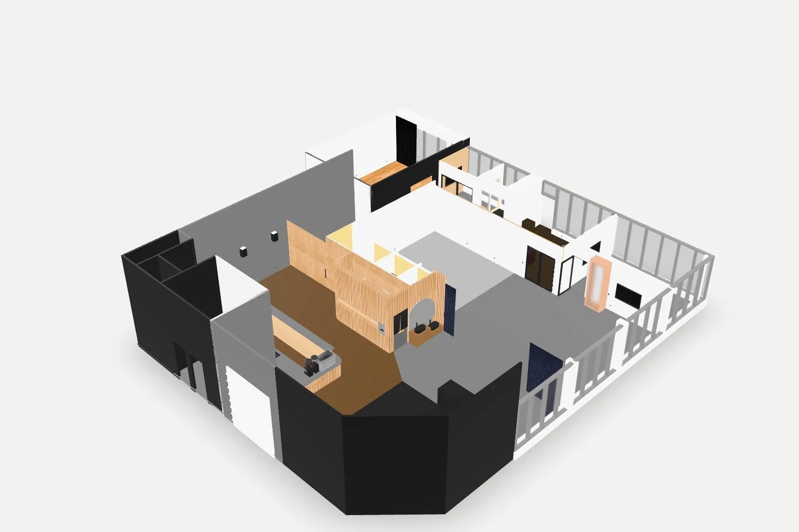 3D visualization of the Kaleido floor with the ceiling removed: lobby, coffee bar, hall, training rooms and studio. Not a photo.