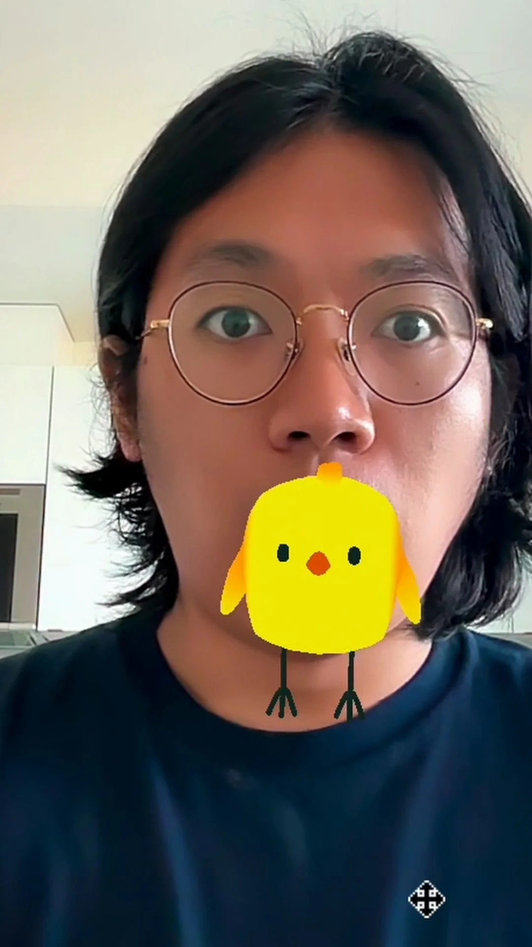 A man looks into his phone camera with the Assembly Market Instagram effect on. A small yellow 3D chick sits at his mouth.