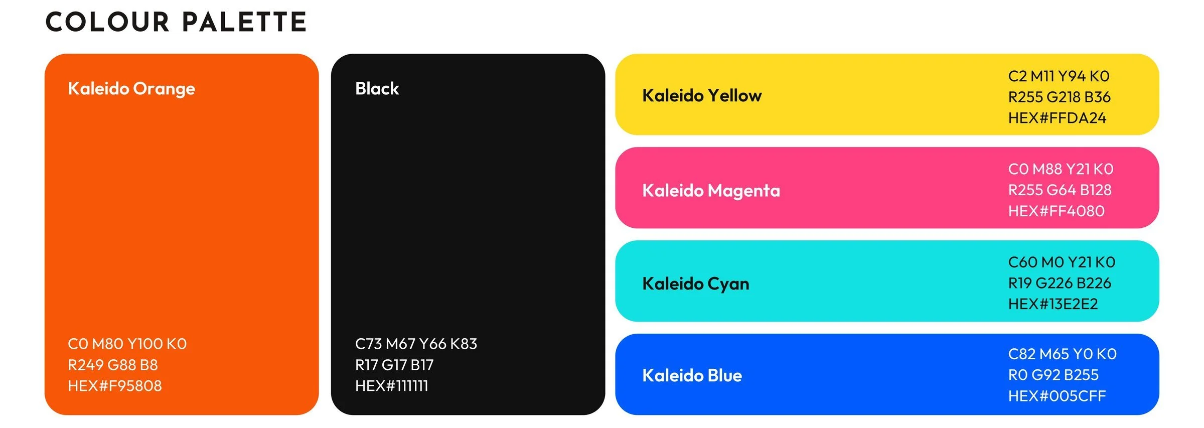 The Kaleido colour palette: Kaleido Orange, Black, Kaleido Yellow, Kaleido Magenta, Kaleido Cyan and Kaleido Blue, with print and screen values.