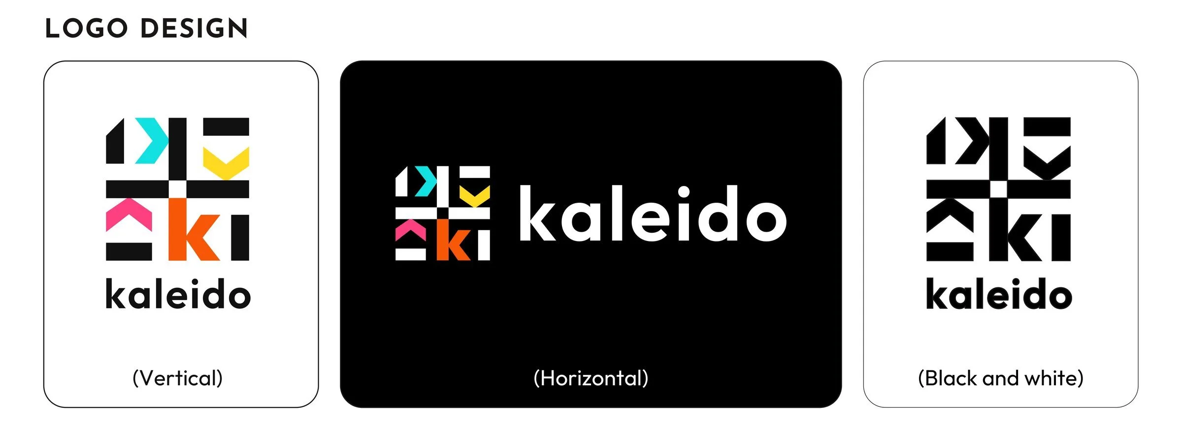 Logo design from the Kaleido brand guidelines: a vertical logo in colour, a horizontal logo on black, and a black and white version.