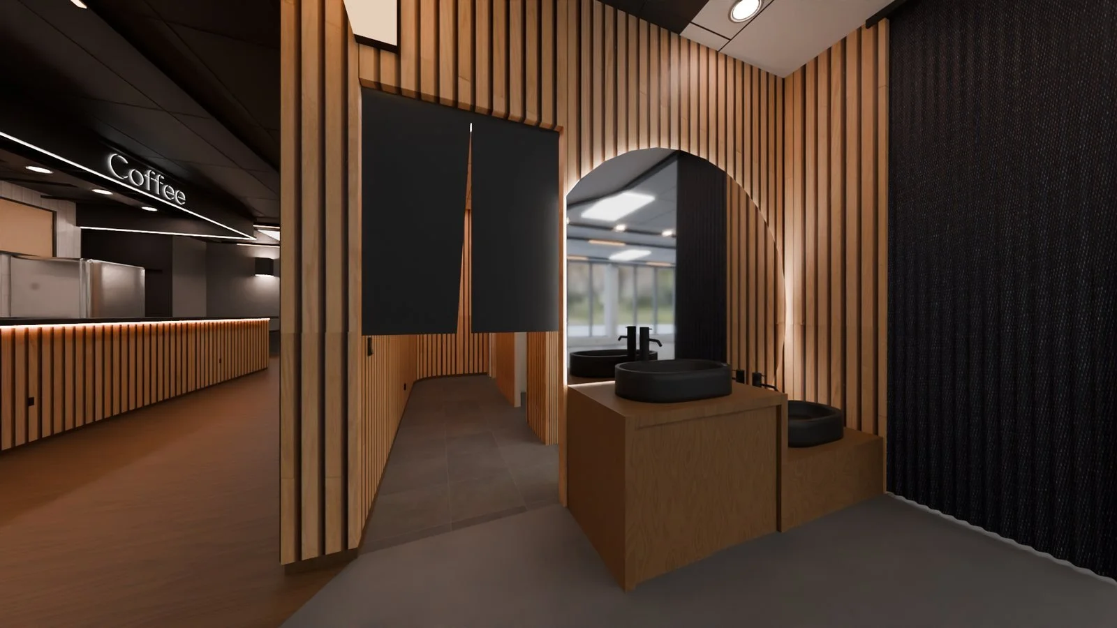 3D visualization of the wash area by the coffee bar, with wood slat walls and an arched opening, 2024. Not a photo.