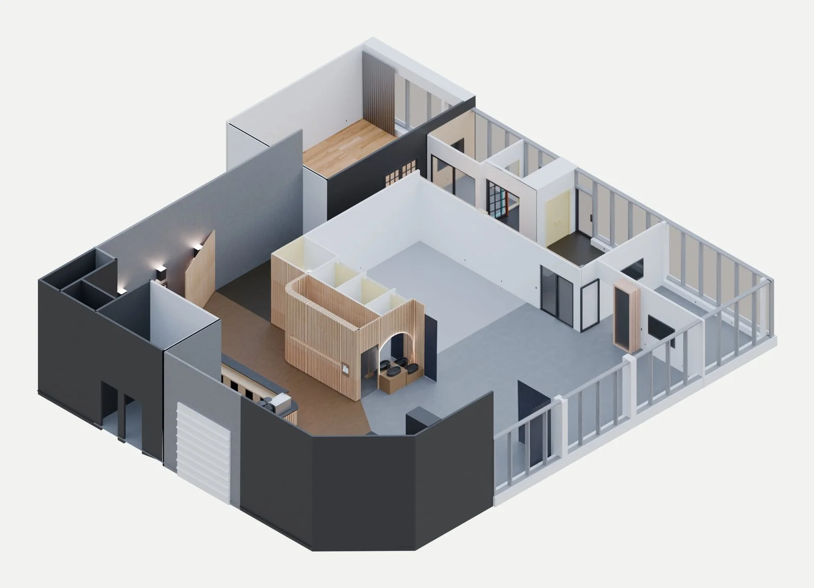 Axonometric 3D visualization of the Kaleido floor with the ceiling removed, showing the rooms and the wood slat walls. Not a photo.