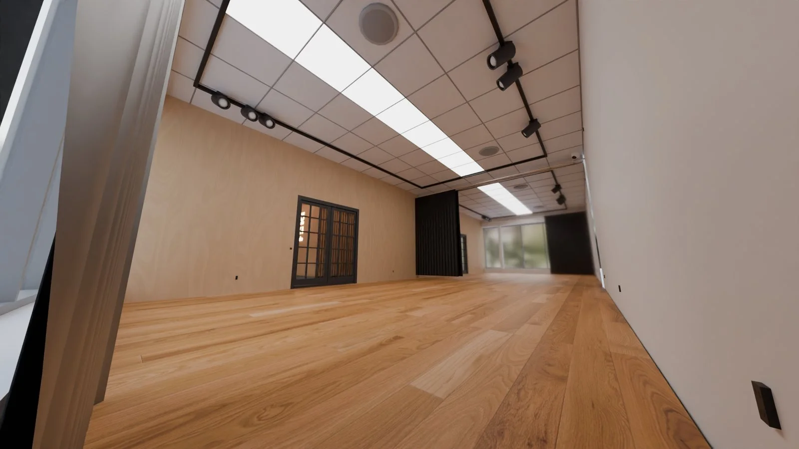 3D visualization of a training room with a wood floor and track lights, 2024. Not a photo.