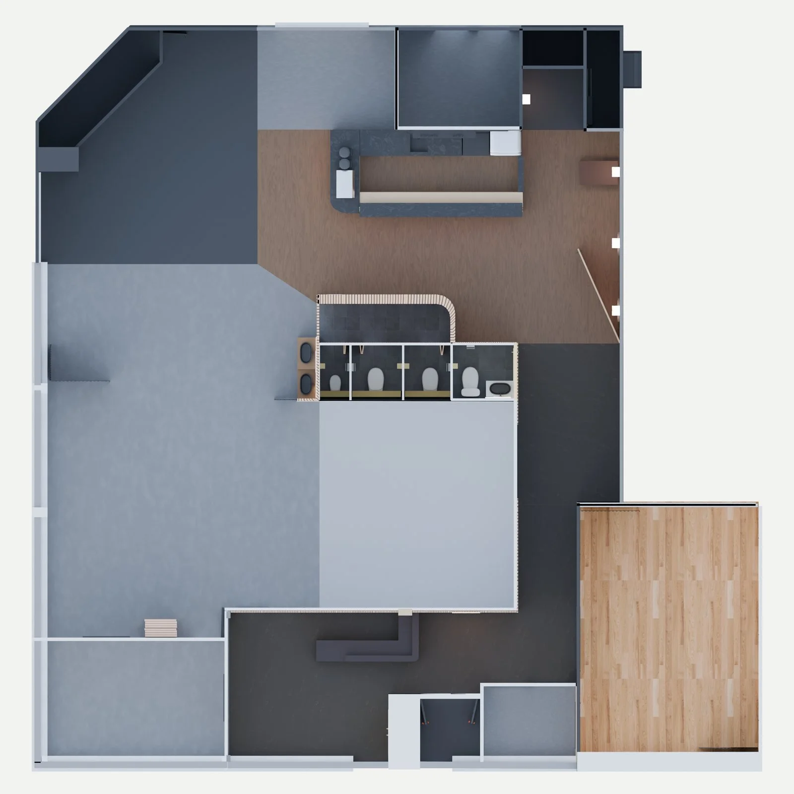 Top-down 3D visualization of the whole Kaleido floor: coffee bar and lounge at the top, the hall and training rooms below. Not a photo.