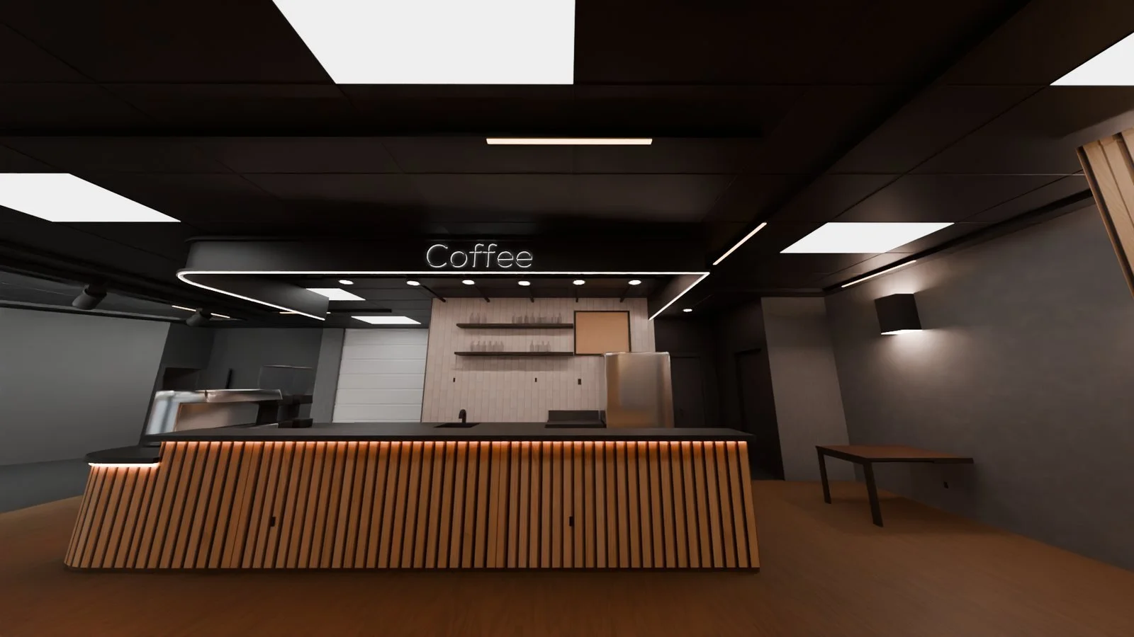3D visualization of the coffee bar with a curved wood slat counter, 2024. Not a photo.