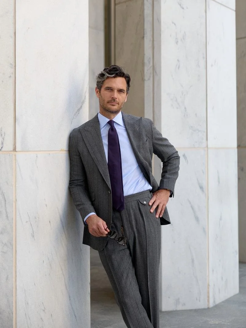 Espresso chalk-stripe suit, fine-stripe light blue dress shirt