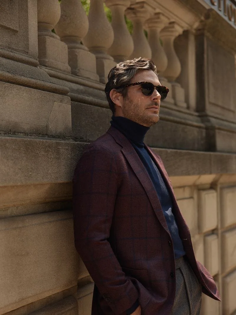 Windowpane jacket, navy roll-neck
