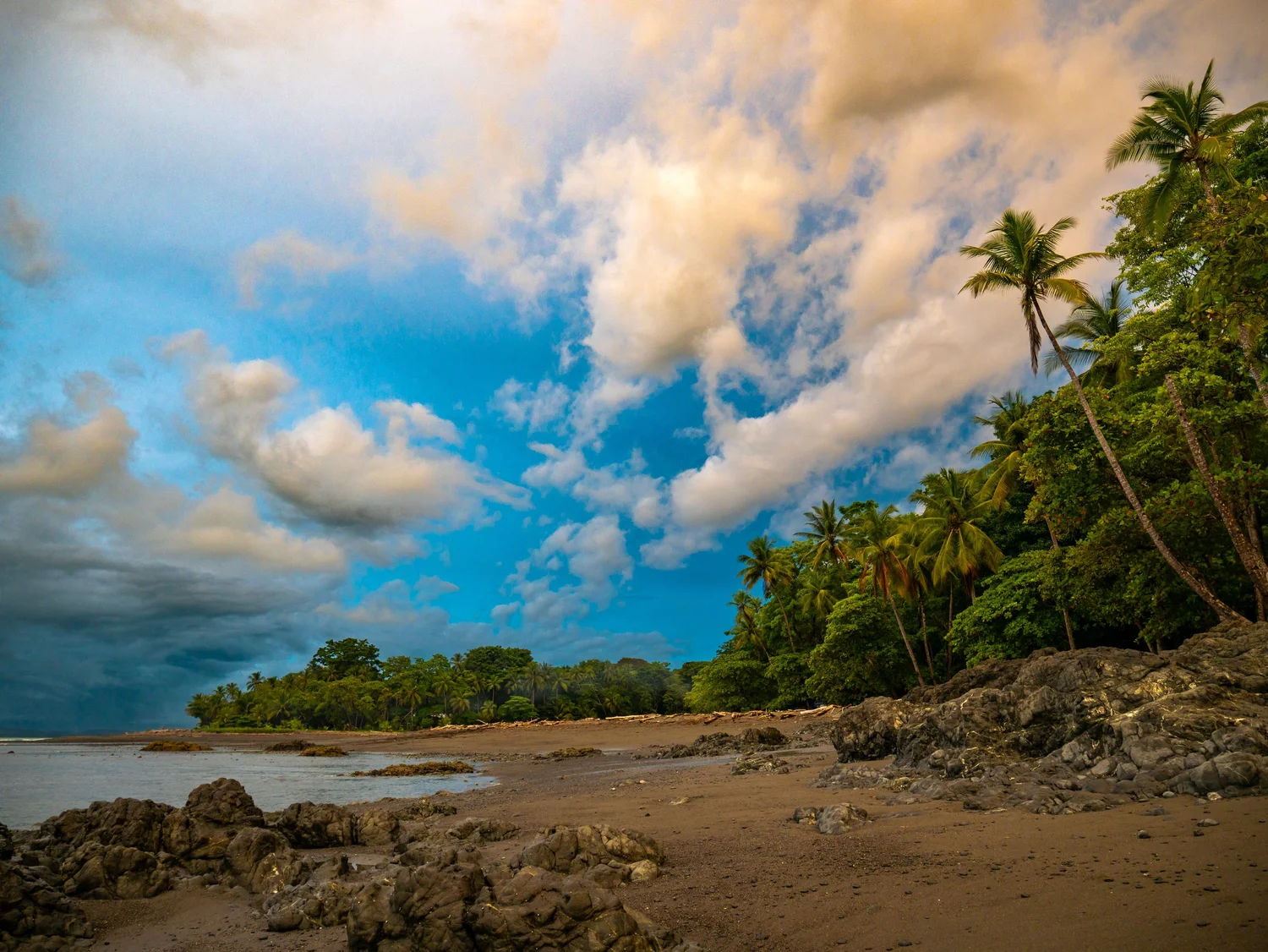 Tropical Pacific coastline beneath dramatic clouds