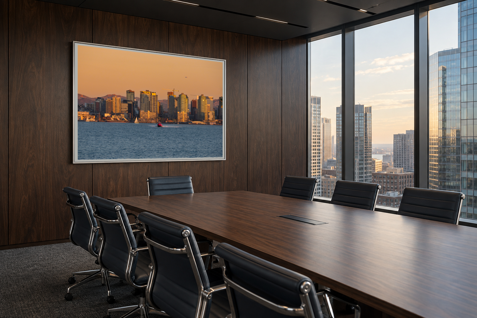 San Diego coastal photography displayed in a contemporary executive boardroom