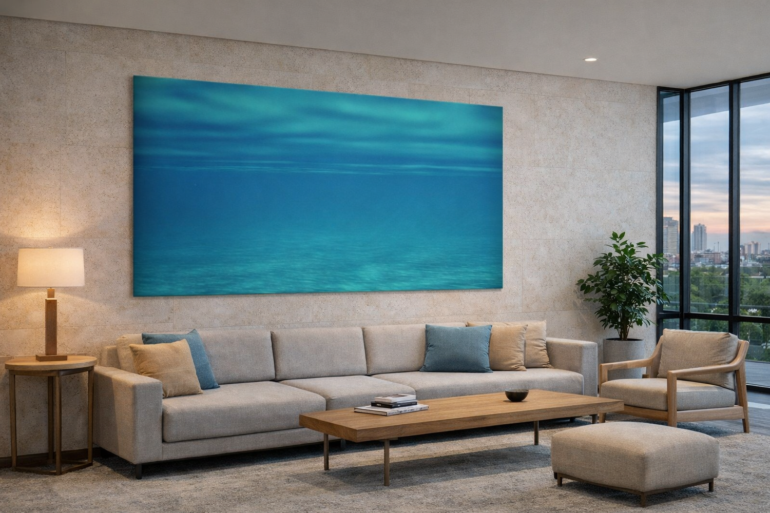 Blue ocean photography displayed in a modern lobby