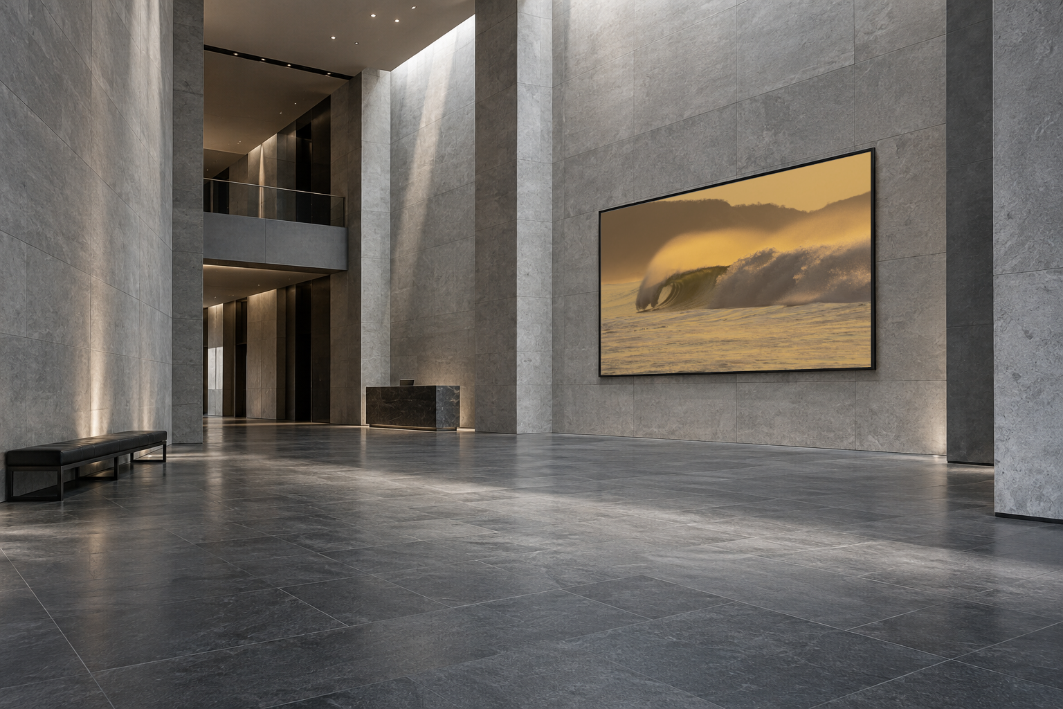 Large-format wave photography displayed in a premium modern lobby