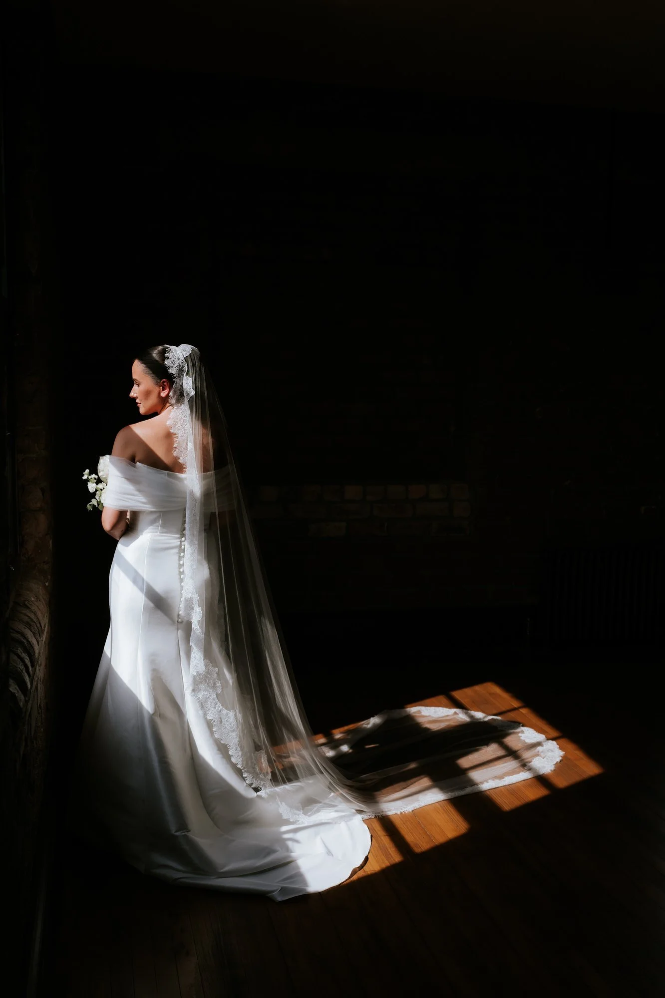 Caitlin's bridal portrait in dramatic window light with her long veil.