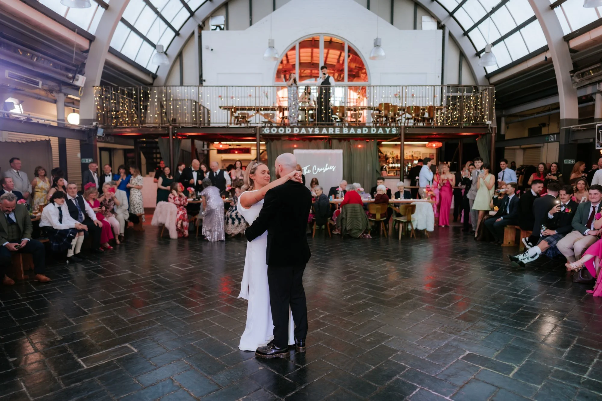 Rhona and Ciaran's first dance beneath BAaD's glass atrium.