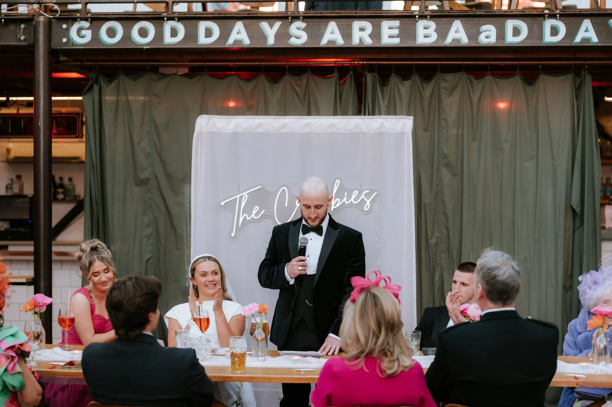 Ciaran speaking to the guests at the wedding reception.