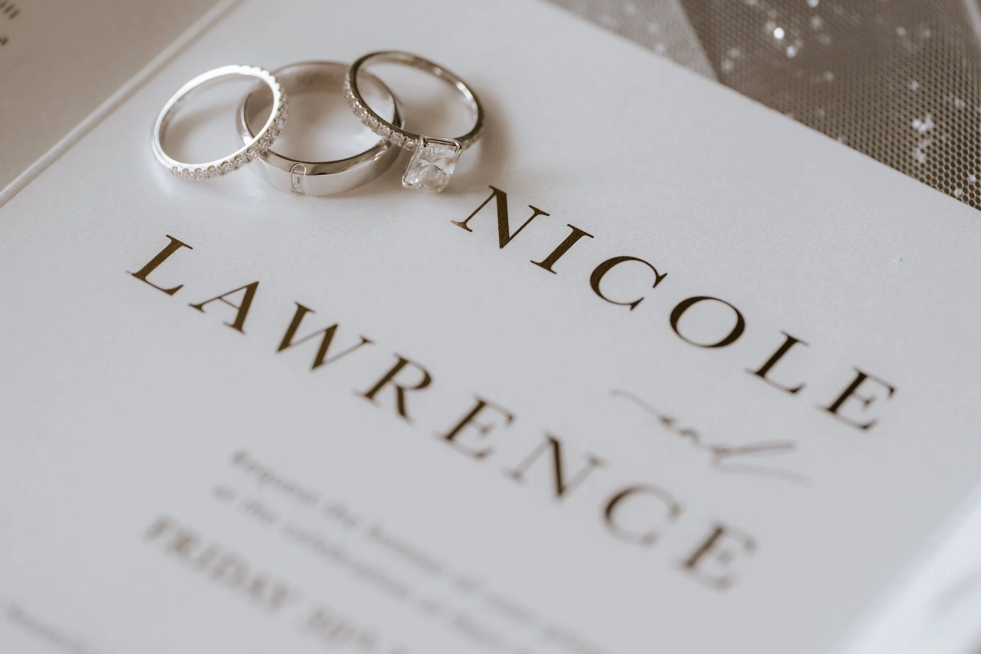 Wedding rings on Nicole and Lawrence's wedding stationery.