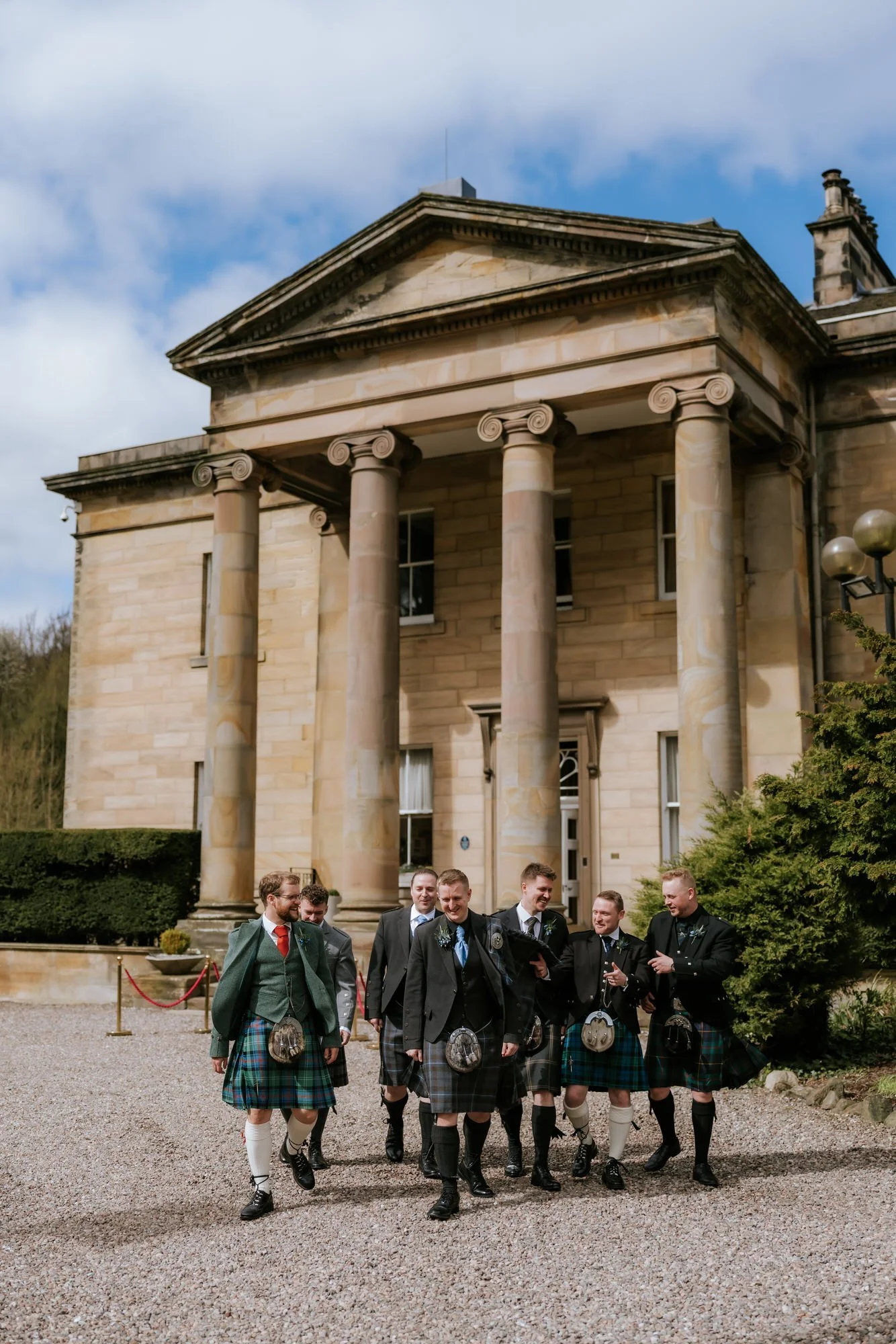 Calum and his groomsmen outside Balbirnie House.