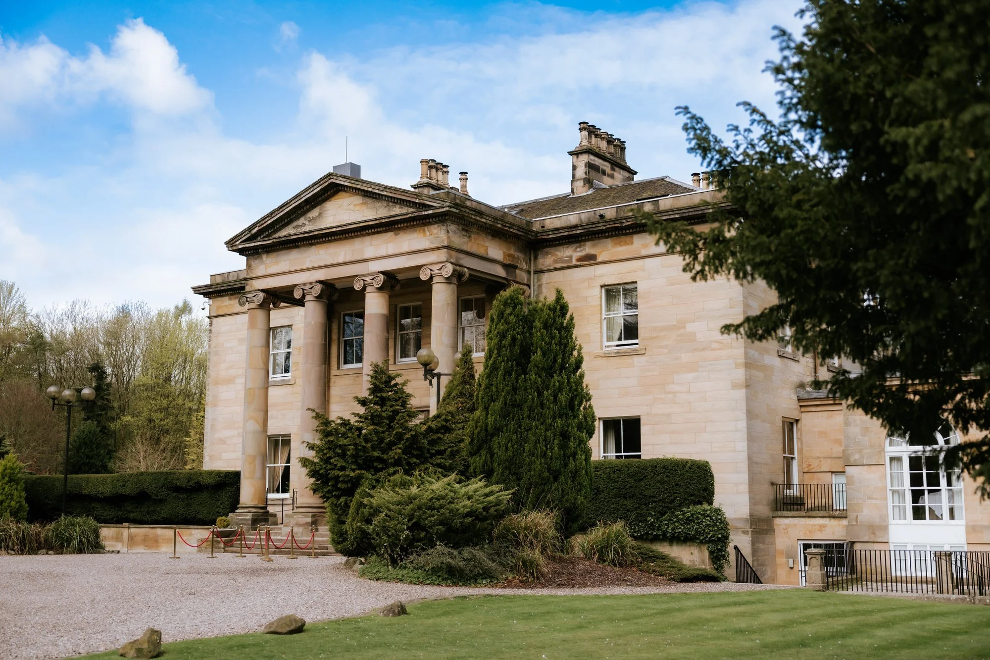 The facade and gardens of Balbirnie House before the wedding.