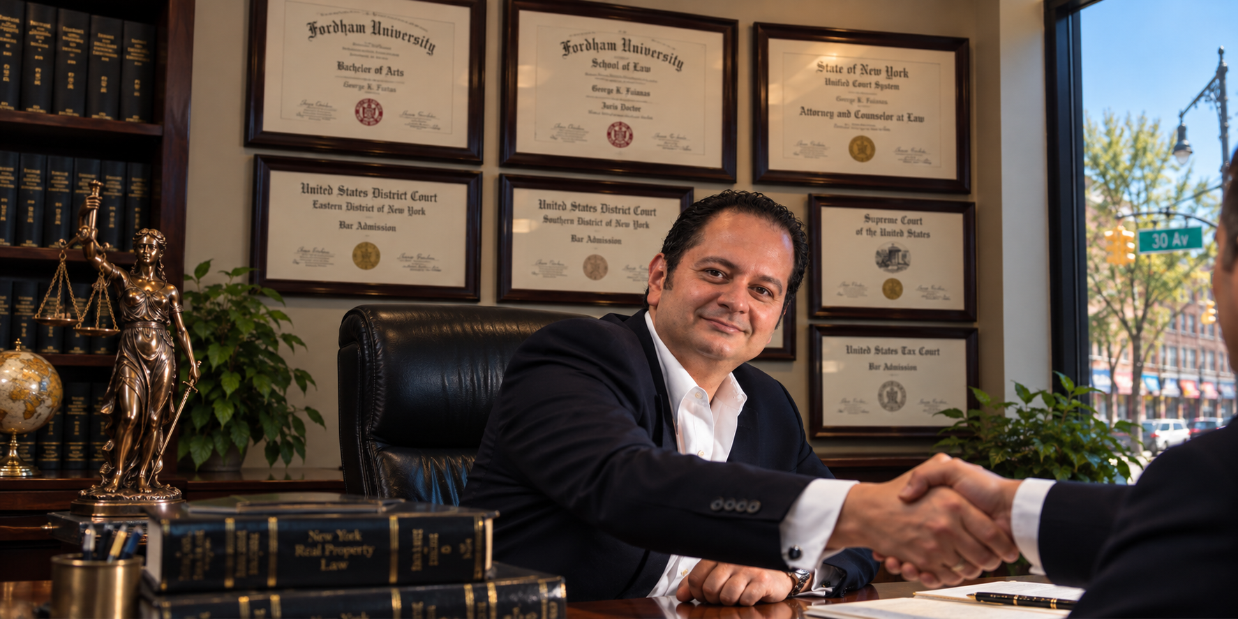 George K. Fuiaxis greeting a client in his law office